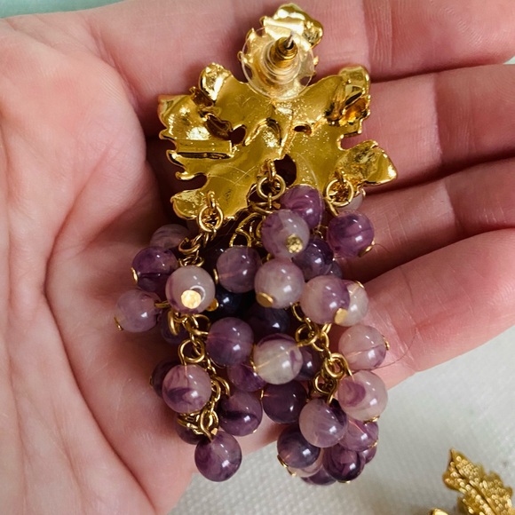 VTG Gold Leaf & Grape Amethyst Purple Beaded Dangle Drop Large 3” Earrings - Picture 5 of 6